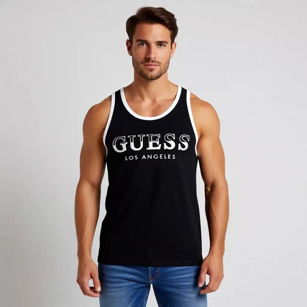 GUESS Los Angeles Mens Ringer Tank Top Black White Logo Embroidered Md NWT